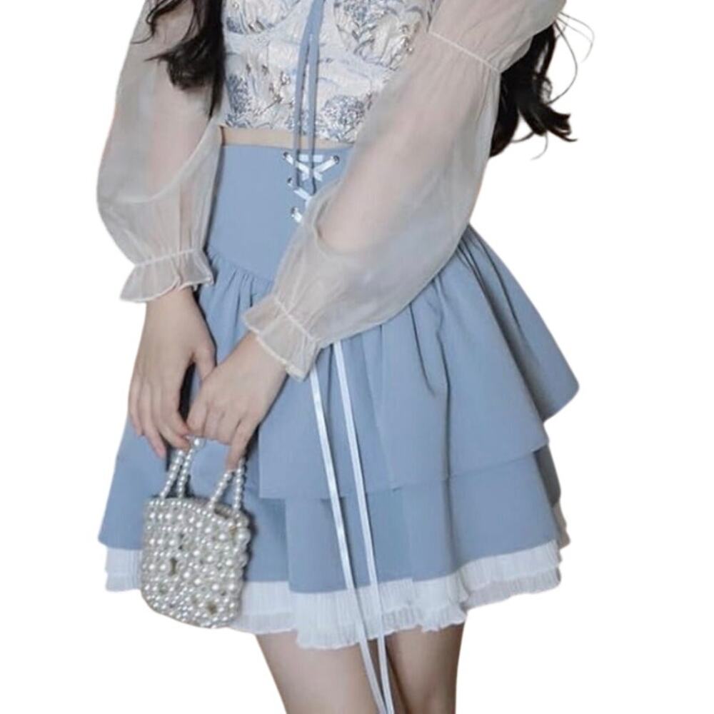 New RILGOU Harajuku Pastel Goth Blue Pleated Layered Bow Skirt - Size Large